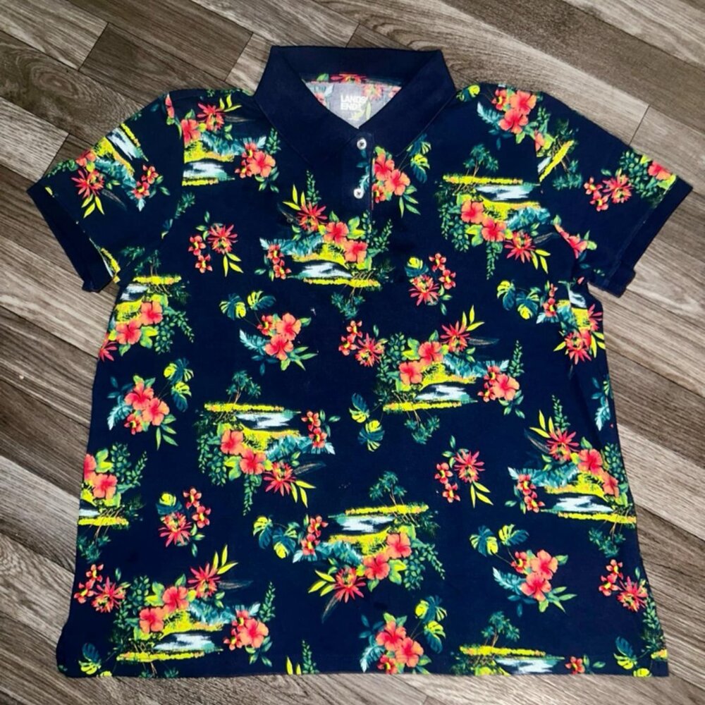 Woman’s Lands End Navy Blue Tropical Print Hibiscus Polo Shirt Petite Large EUC‎